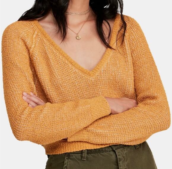 Free People Sweaters - Free People High-Low V-Neck Cropped Knit Sweater Yellow Sz S